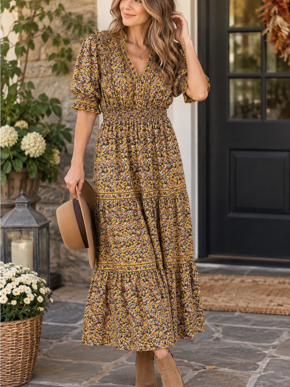 Max Studio Mustard Floral Smocked Maxi Dress Cottagecore Praire Fall Floral Boho